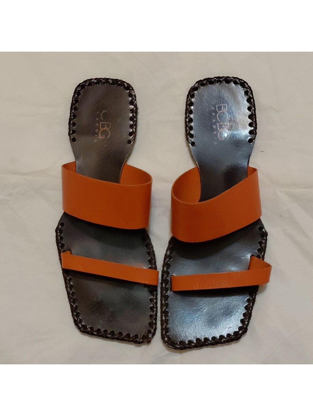 BCBGMAXAZRIA Women's Braided Slide Sandals Orange/Brown Leather US 8.5 #885